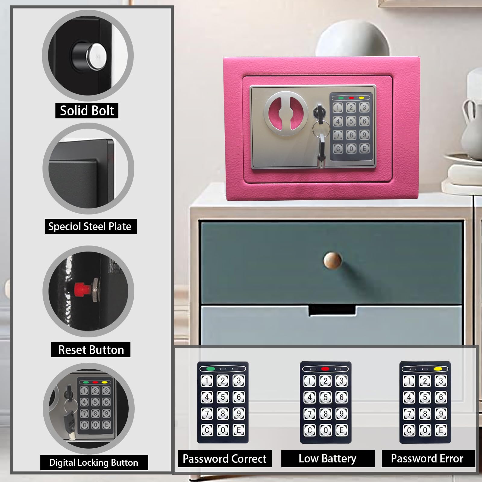 Yuanshikj safe keypad close-up shows programmable access for quick use.