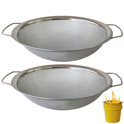 YUEBM stainless steel fine mesh strainer on a 5-gallon bucket for clean spray.