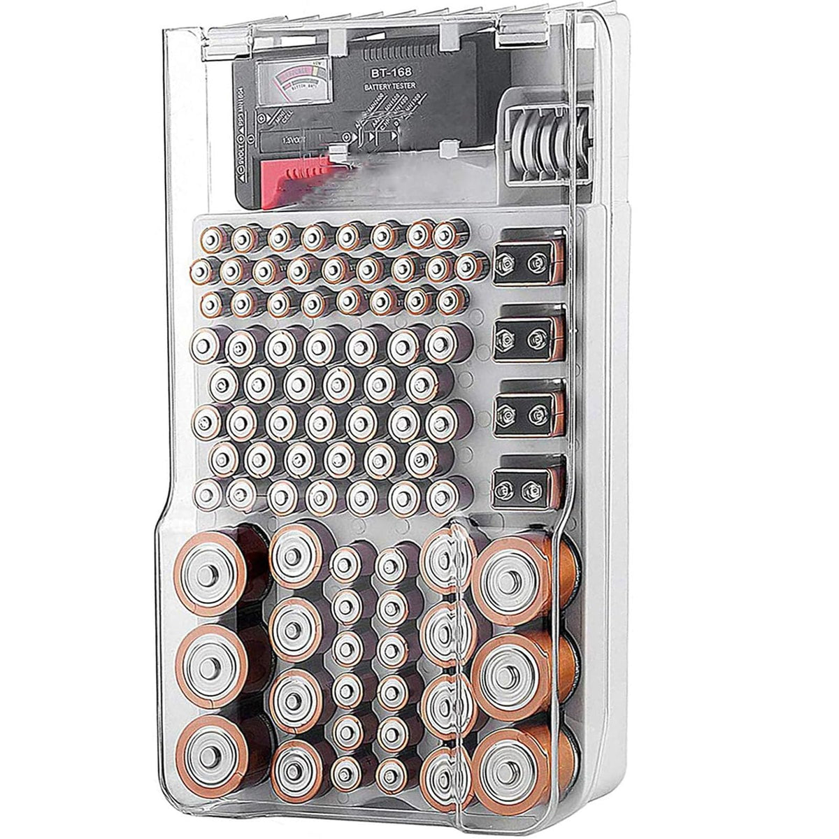Yuecoom battery organizer with tester neatly arranges up to 93 batteries for quick checks