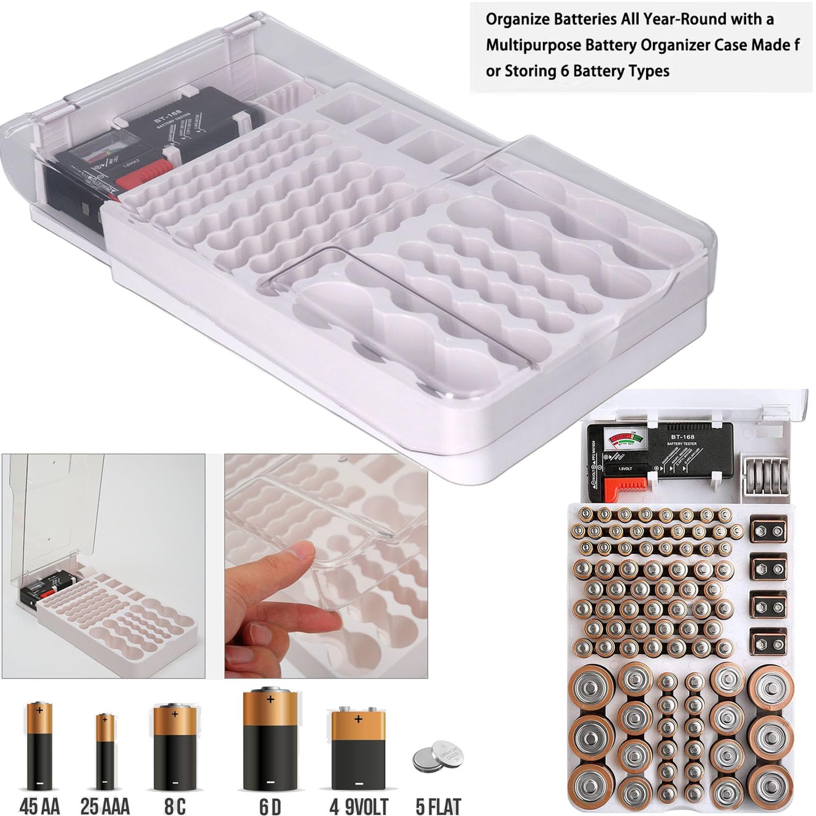 Yuecoom clear lid battery storage box shown for easy visibility of contents
