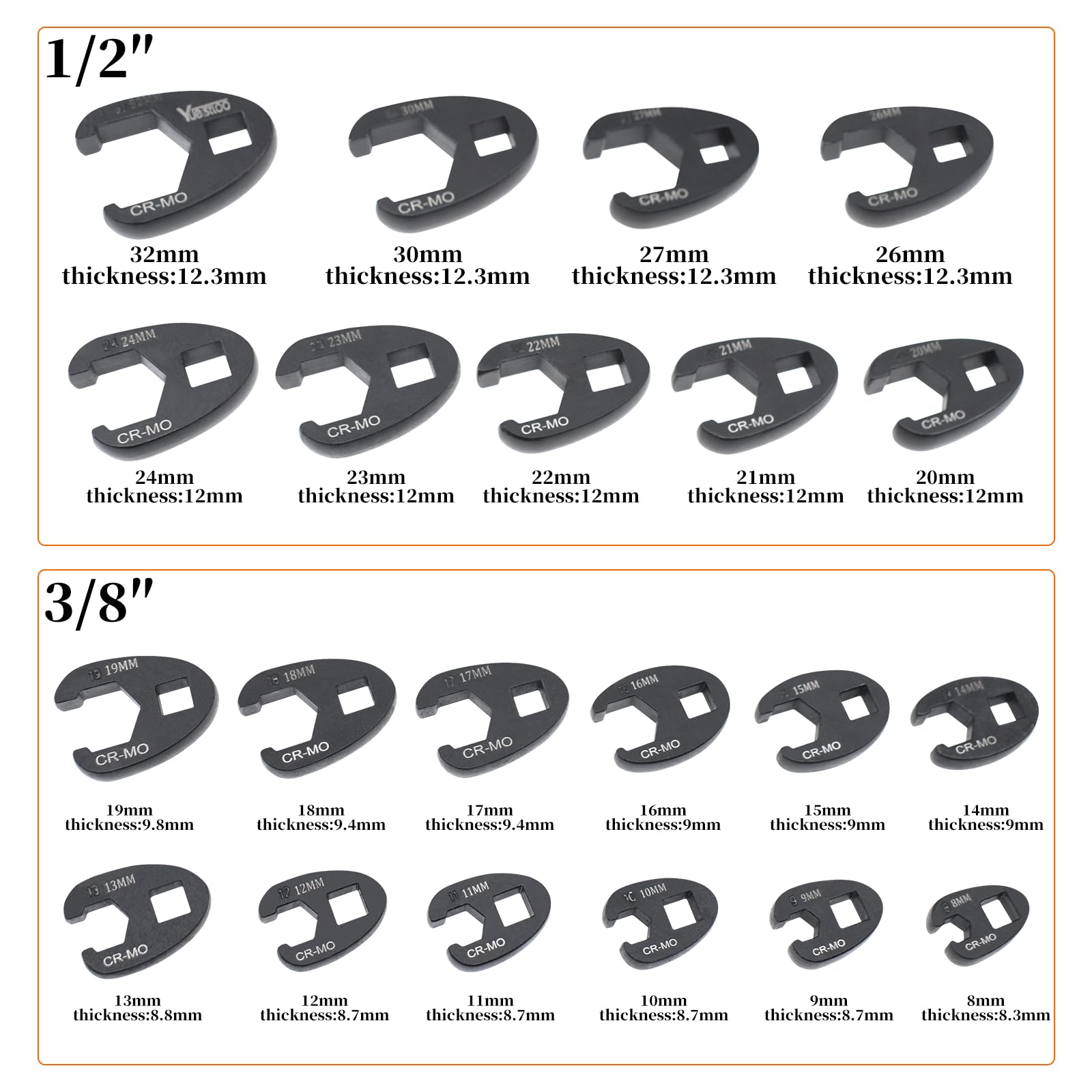 Yuesstloo crows-foot wrench set closeup half-inch drive improves tight-space access