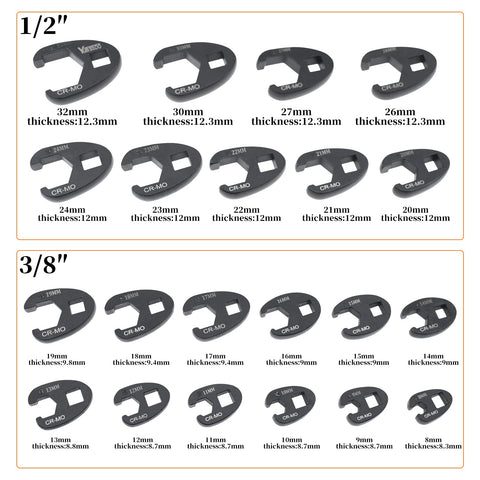 Yuesstloo crows-foot wrench set closeup half-inch drive improves tight-space access