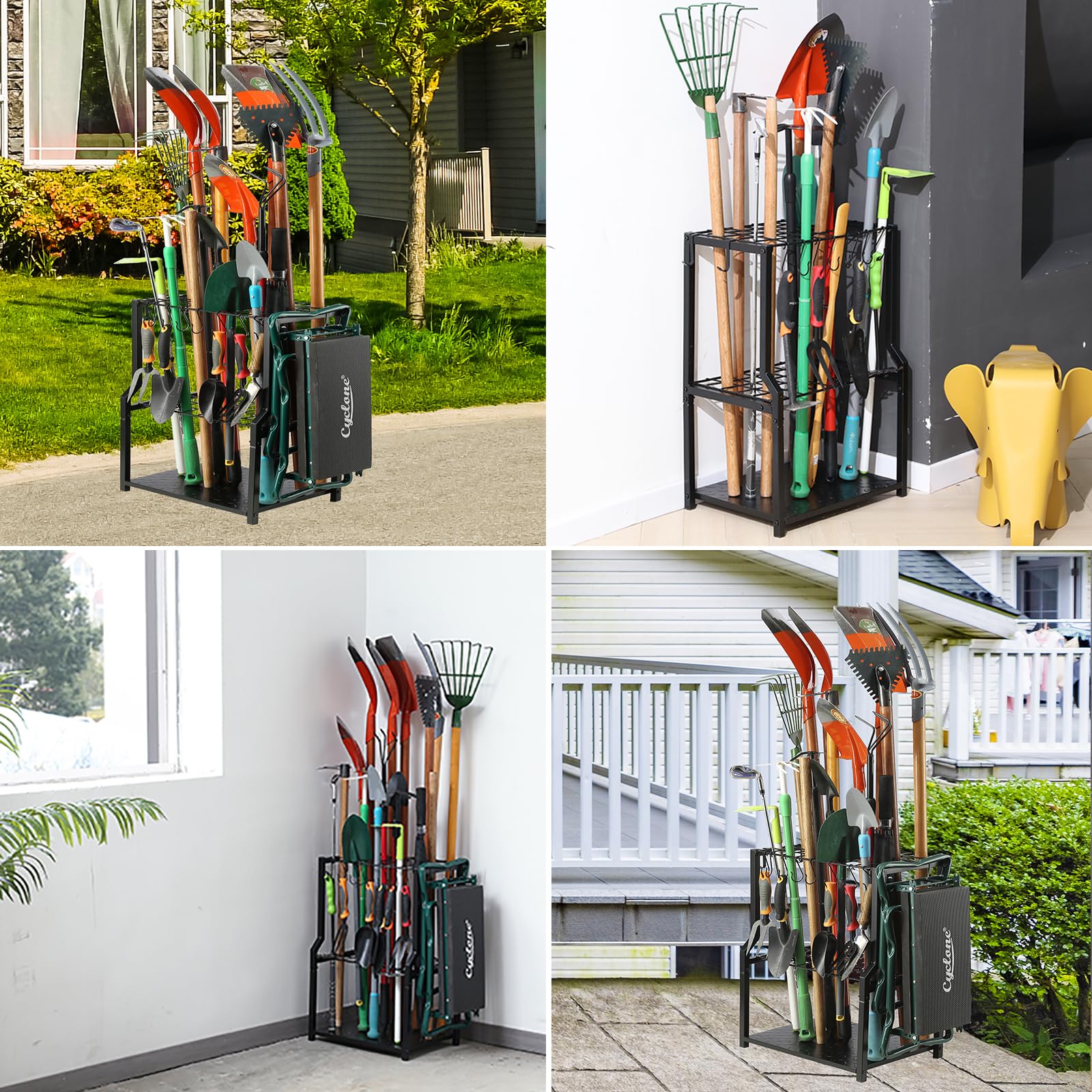 YueTong organizer with side hooks supports kneeling stools and hoses for versatile garage storage.