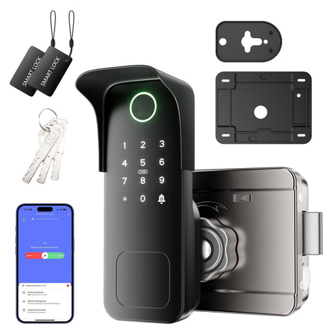 Yuhabaz Smart Gate Lock front view shows seamless outdoor keyless entry.