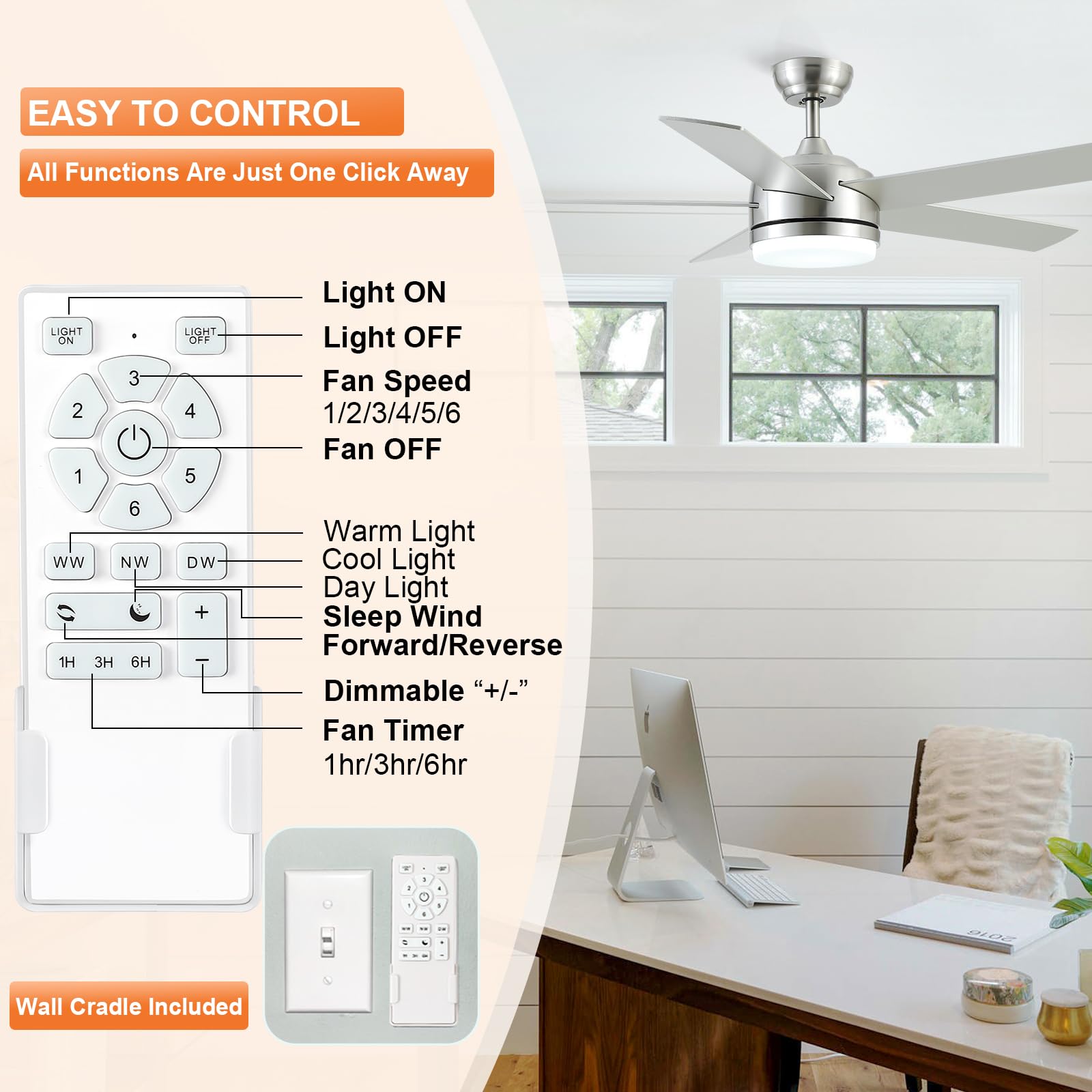 YUHAO remote and wall-mount bracket simplify control and storage.