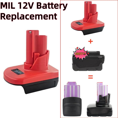 18V Milwaukee battery inserted into MIL18M12 adapter for M12 tools