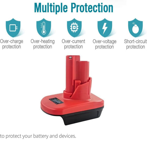 Adapter connected to a Milwaukee 18V battery and M12 tool base