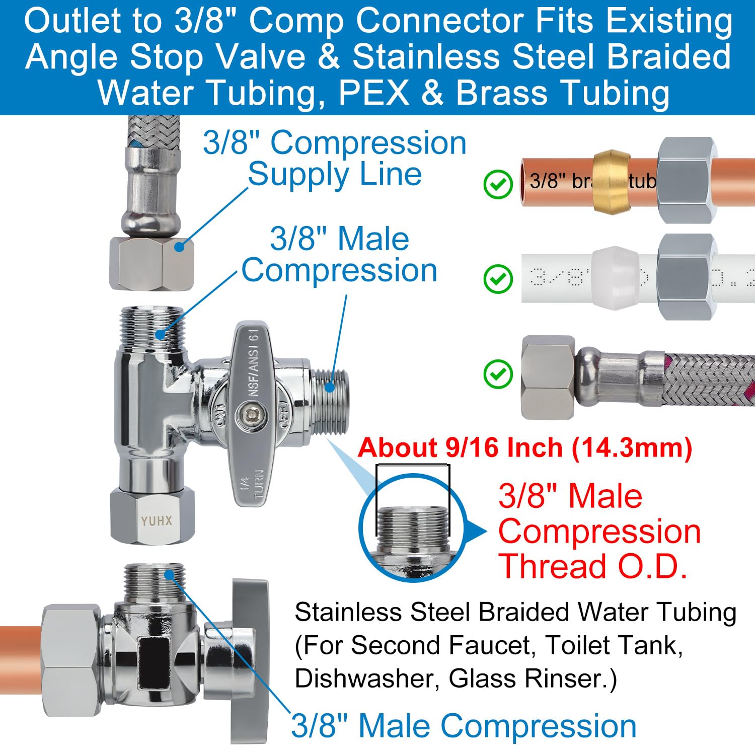 YUHX chrome-plated finish on brass add-a-tee valve for durability