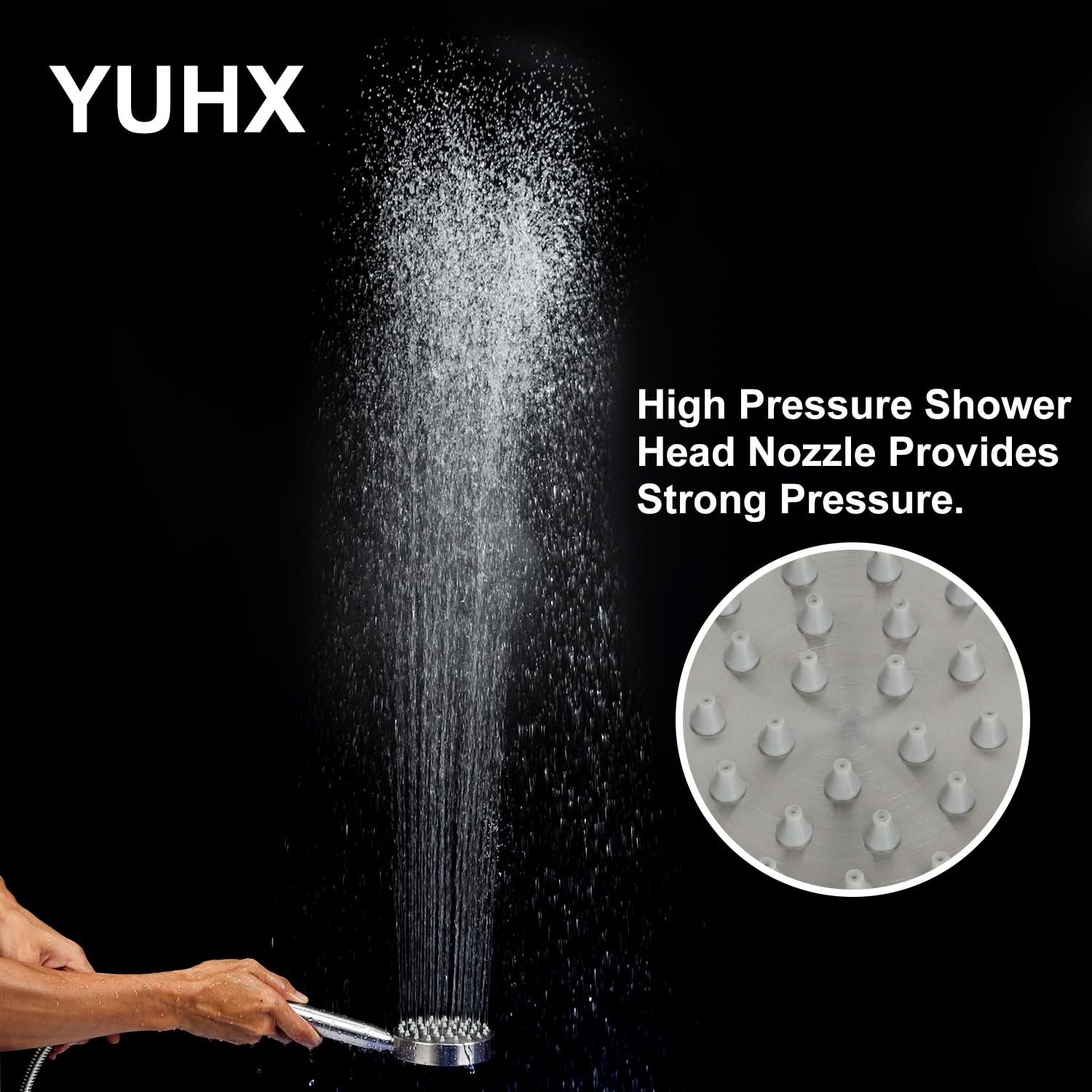 YUHX brass holder keeps the shower head securely in place.