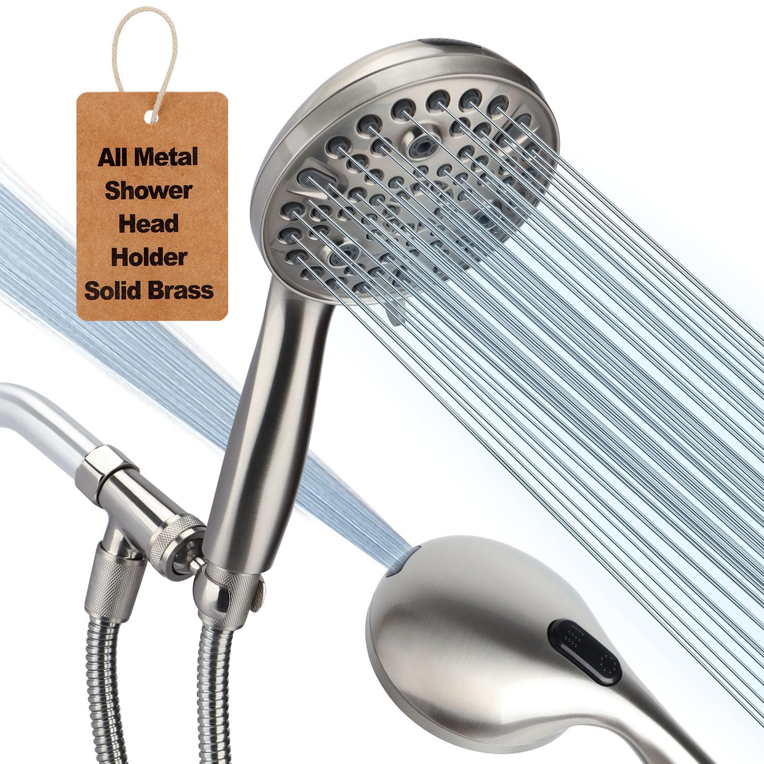 YUHX handheld shower head in brushed nickel with adjustable spray for versatile showering
