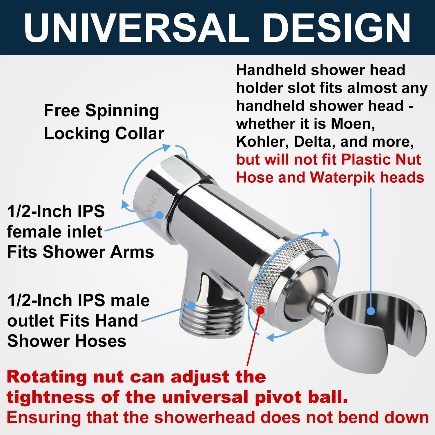 YUHX universal-fit holder accommodates most handheld heads from Moen, Kohler, Delta.