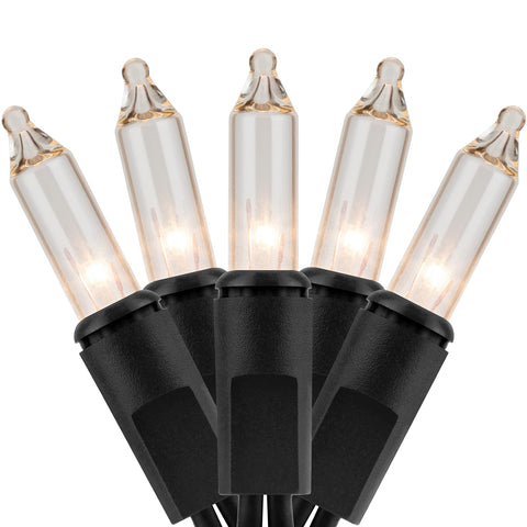 YULETIME 200 clear lights on black wire for warm indoor or outdoor ambience