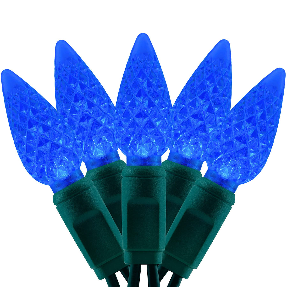 YULETIME blue C6 strawberry LED bulbs illuminate outdoor decor with a vivid glow.