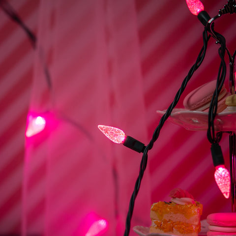 YULETIME pink C6 strawberry lights suitable for indoor and outdoor celebrations.