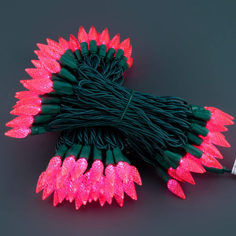 YULETIME pink C6 strawberry lights with one-piece waterproof design for outdoor use.