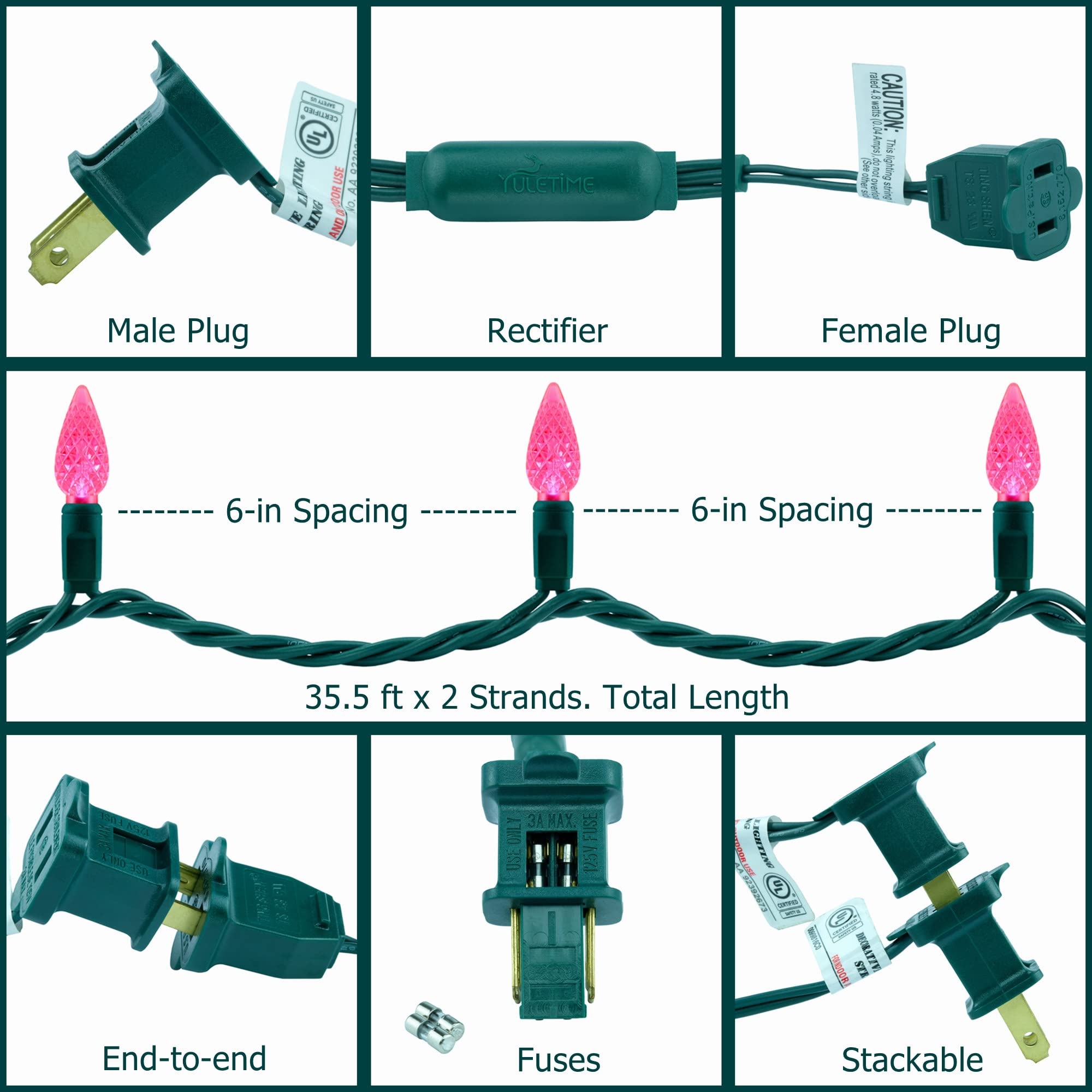 YULETIME pink C6 strawberry lights come as two 70-LED strands per package for fuller coverage.