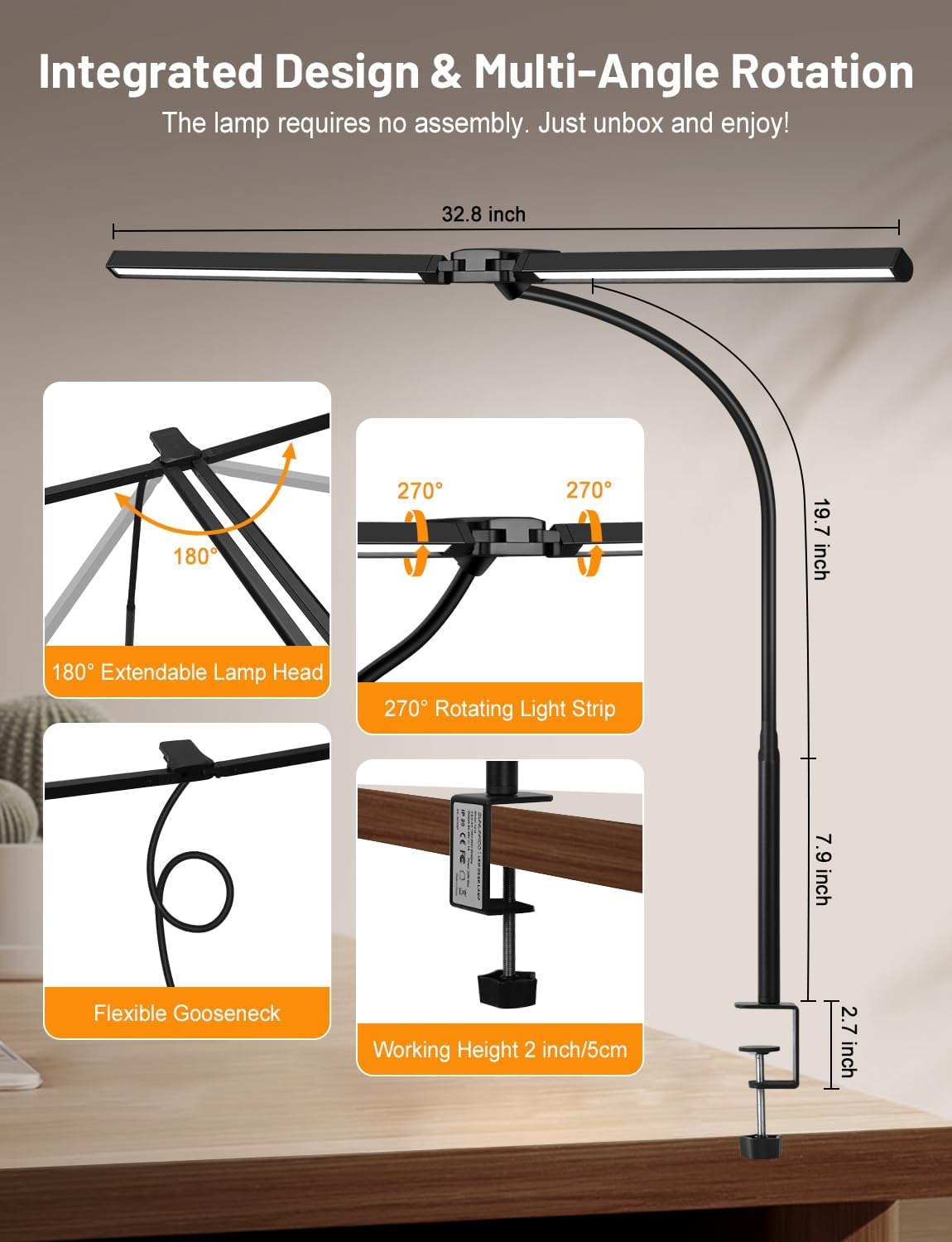 YULINKCO extended-arm desk lamp reaches 32.8 inches for multi-monitor setups