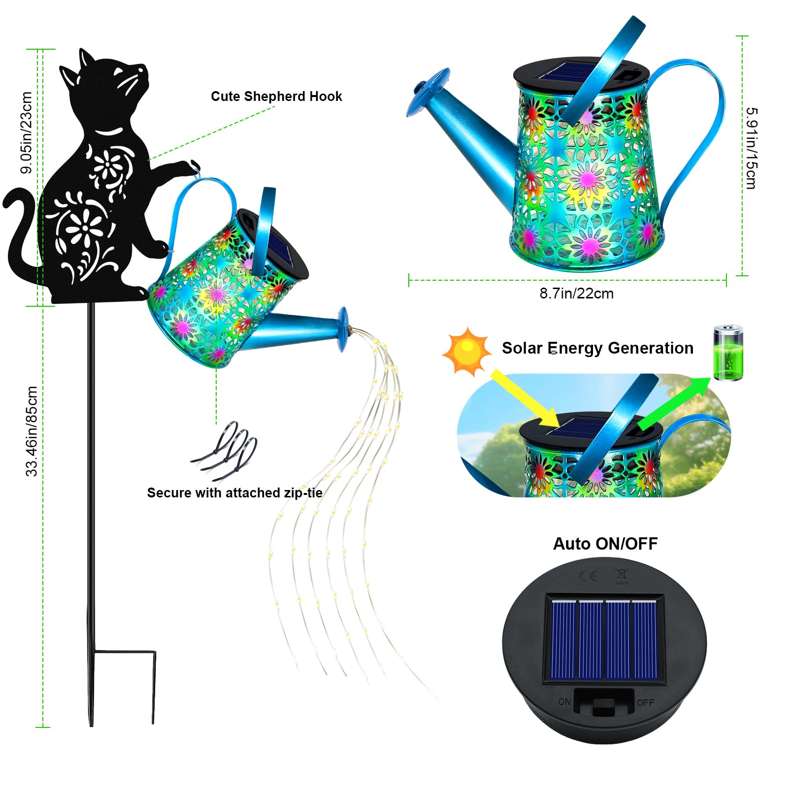 Yulloyello Cat lantern on a shepherd hook brightens pathways and garden edges.