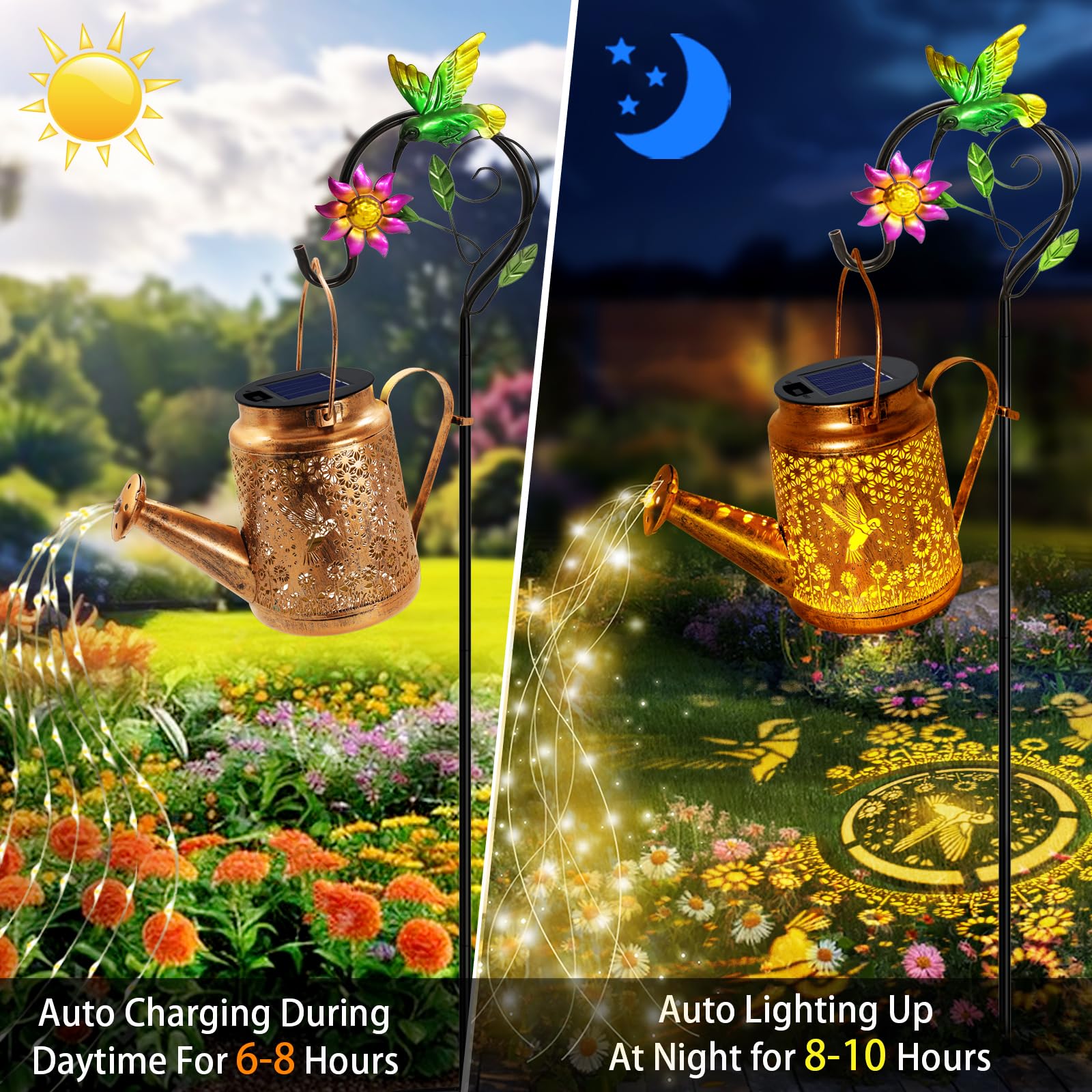 Yulloyello copper-finish LED lights create sunflower patterns for outdoor ambiance.