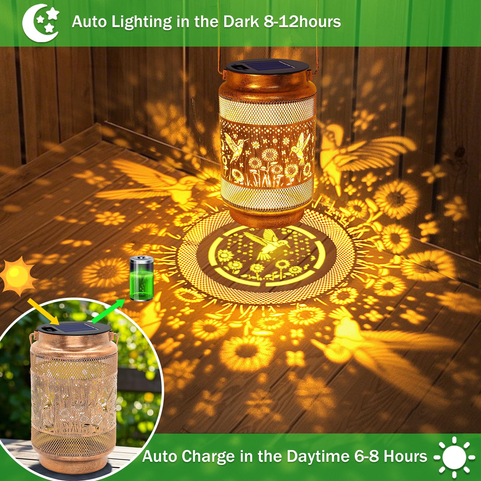 Yulloyello hummingbird-lantern tree-hanger adds whimsical light to garden trees after dark.