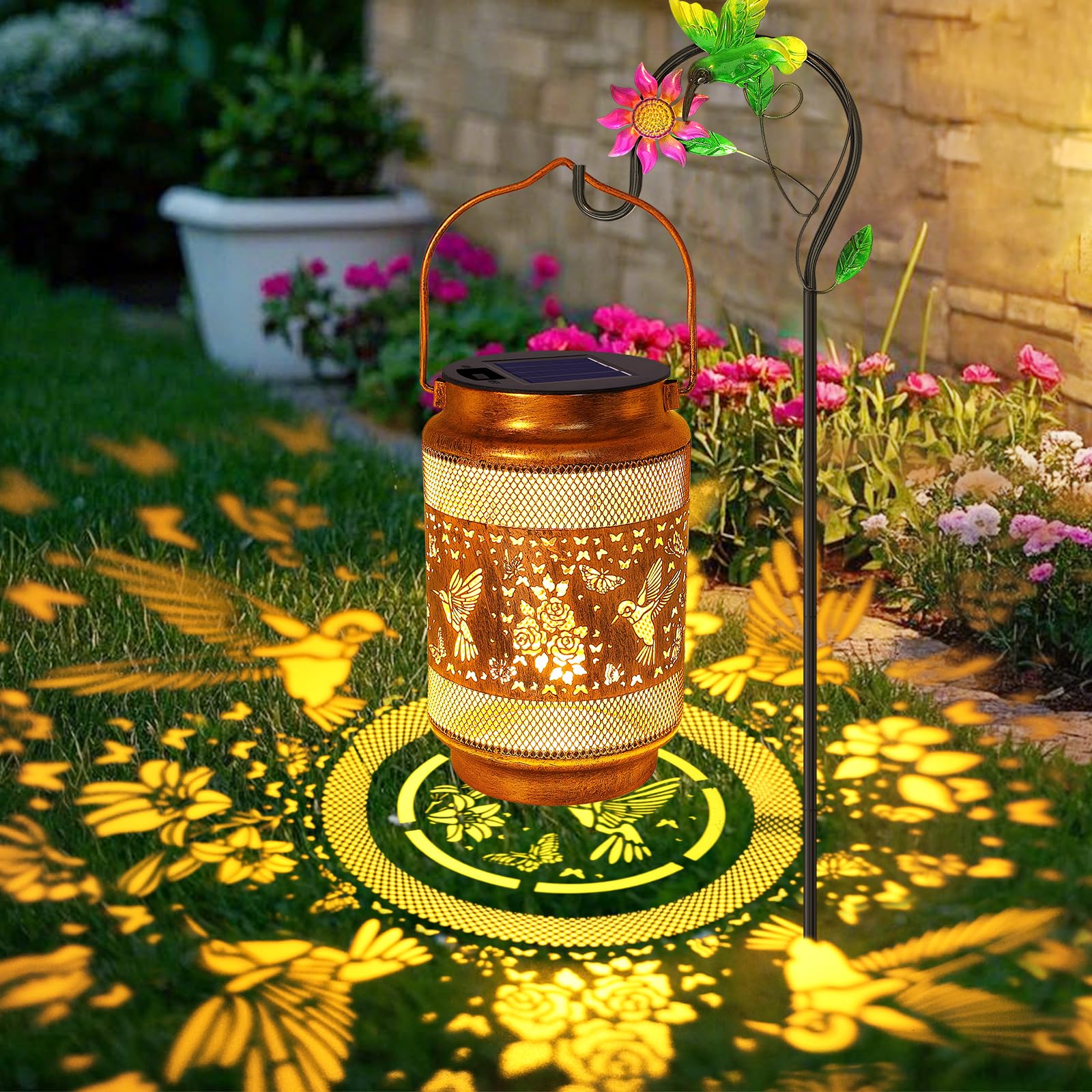 Yulloyello hummingbird solar lantern on hook adds warm garden lighting