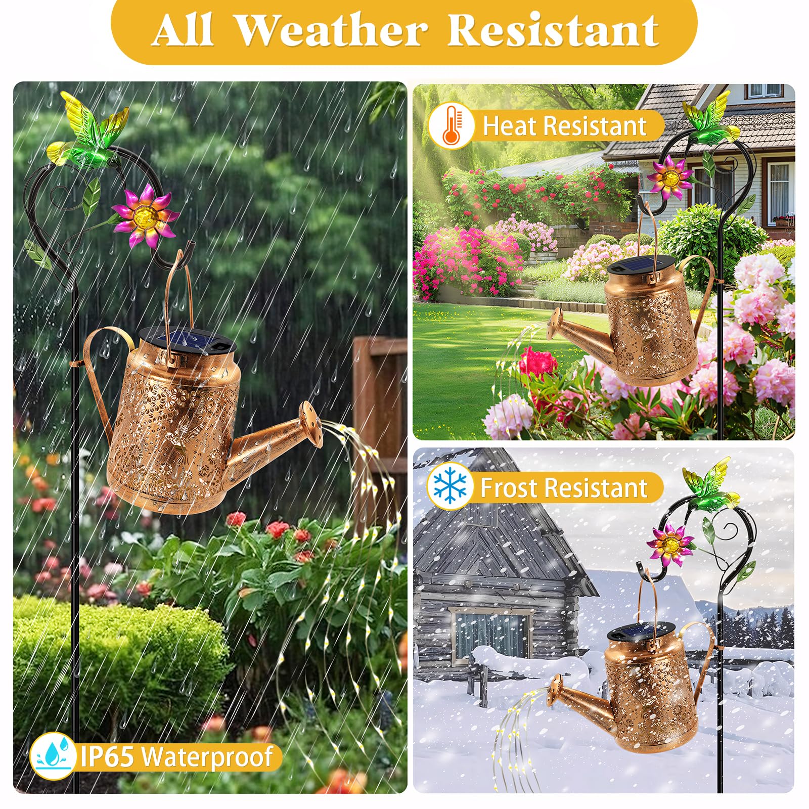 Yulloyello IP65 waterproof design resists rain and snow for year-round garden use.
