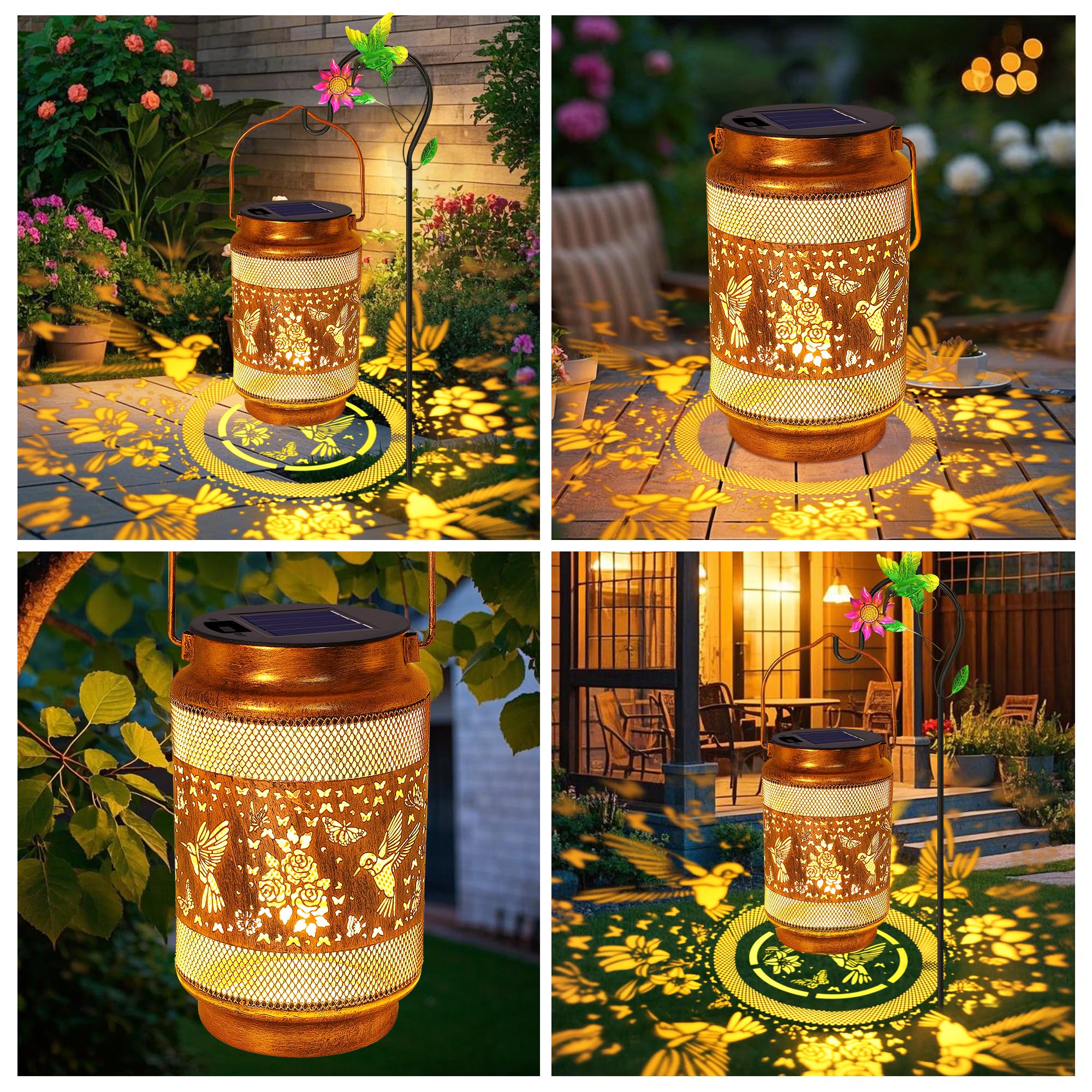 Yulloyello lantern on shepherd hook beside path for easy lighting