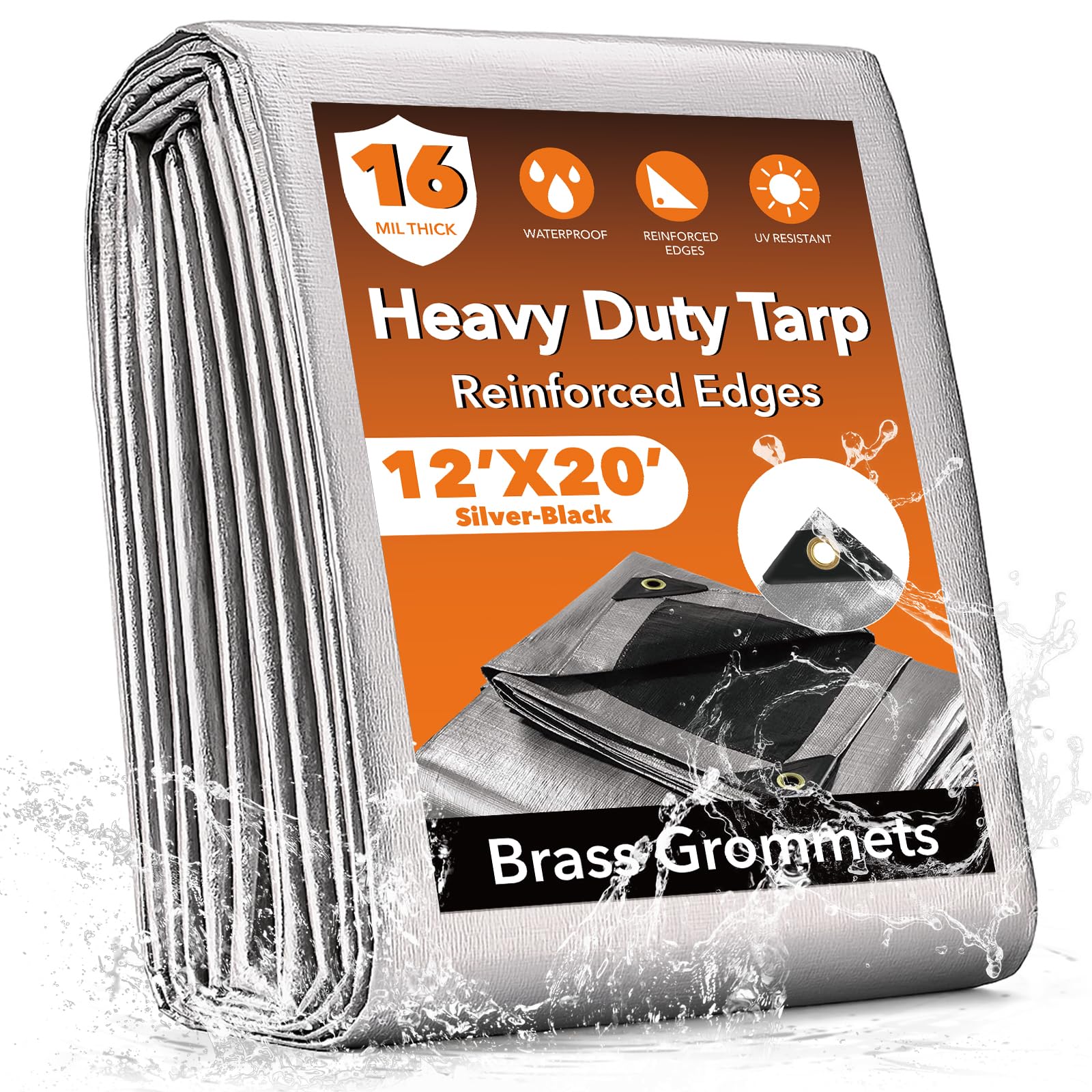 Yumatum 12x20ft heavy-duty tarp in silver-black for outdoor protection.