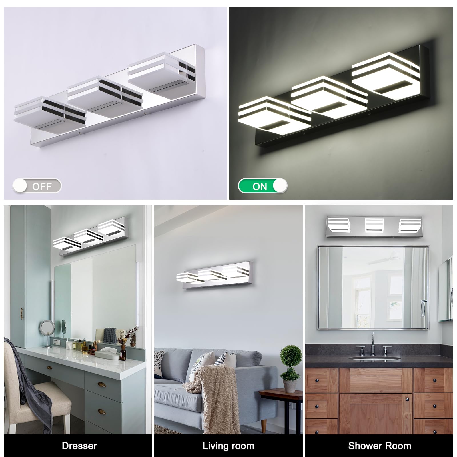 yumcrelect chrome finish adds a sleek accent to mirror lighting.