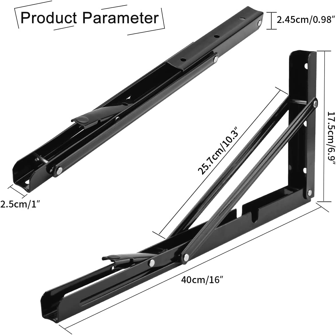 YUMORE black L-bracket demonstrating 90-degree fold for space-saving setup.