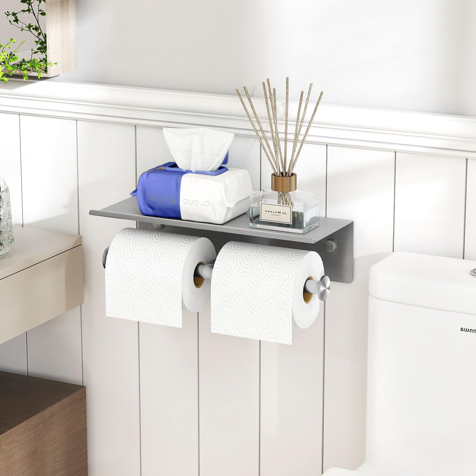 YUMORE double-roll tissue holder with shelf keeps two rolls ready for busy mornings
