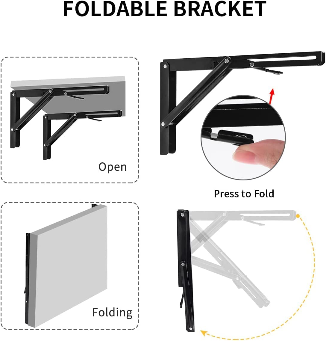 YUMORE folding shelf bracket with smooth release arm for easy stowaway.