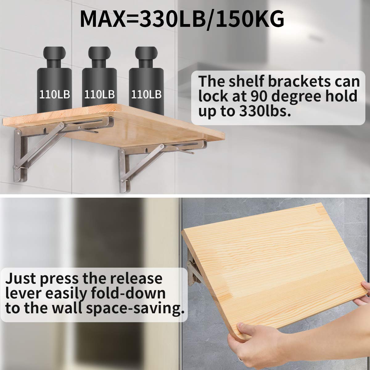 YUMORE folding shelf brackets detail shows 3-hole arms and precision screws for secure fitting.