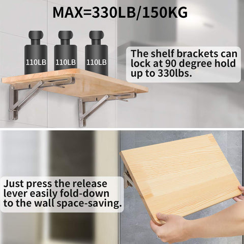 YUMORE folding shelf brackets detail shows 3-hole arms and precision screws for secure fitting.