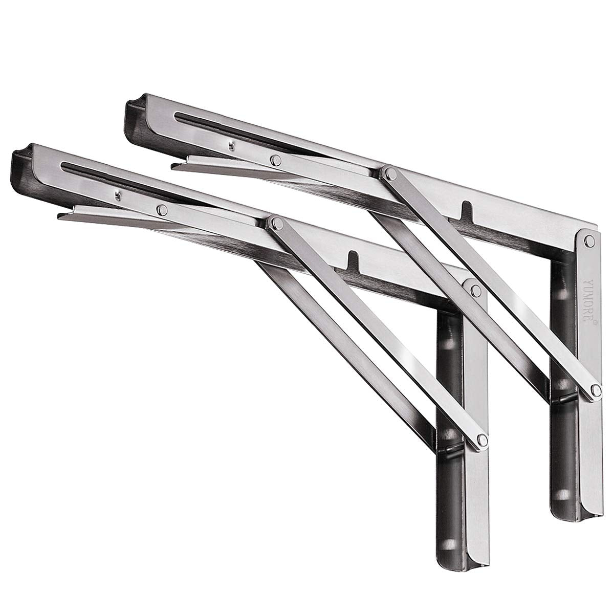 YUMORE folding shelf brackets front view shows durable stainless steel for long-lasting use.