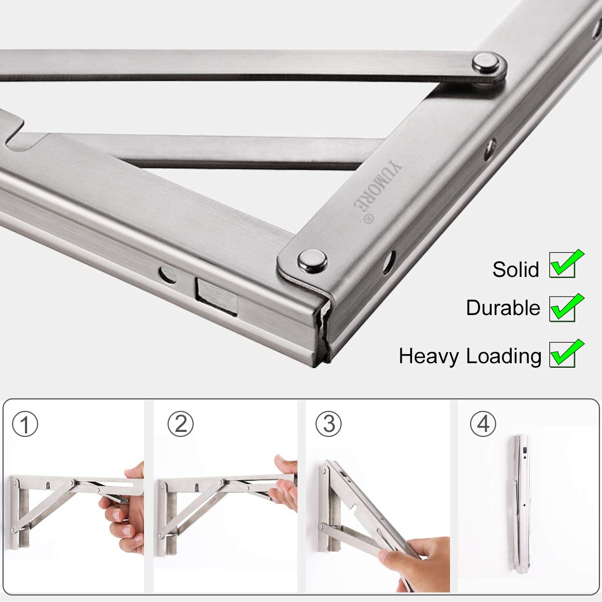YUMORE folding shelf brackets side view highlights compact profile for space saving.