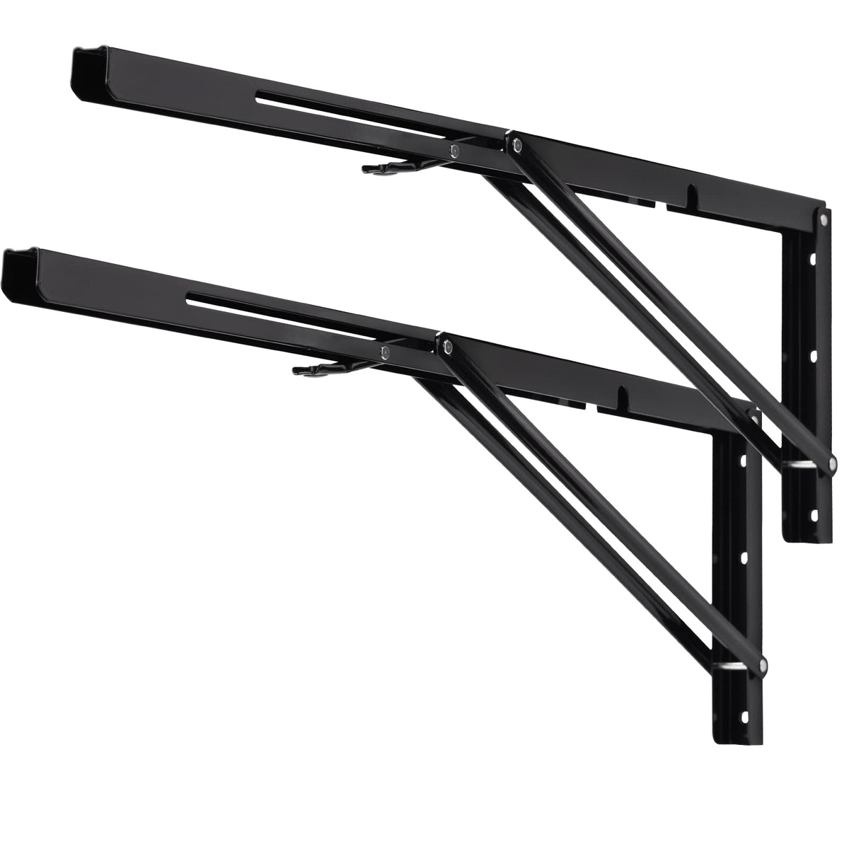 YUMORE folding shelf brackets 24-inch on wall with black finish for space-saving storage.