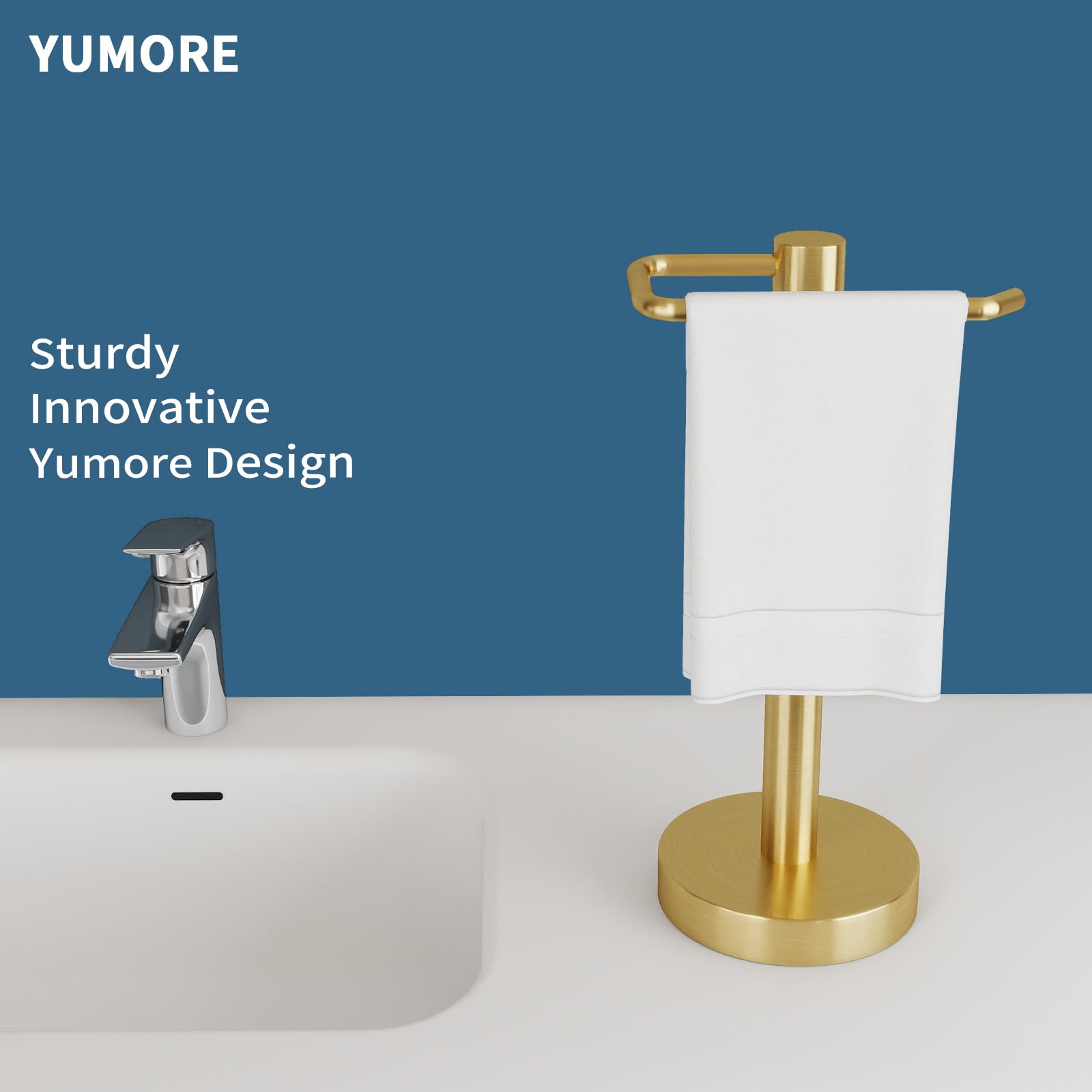 YUMORE free-standing towel rack in gold fits bathrooms and kitchens with no installation required.