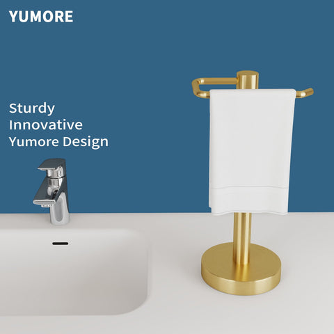 YUMORE free-standing towel rack in gold fits bathrooms and kitchens with no installation required.