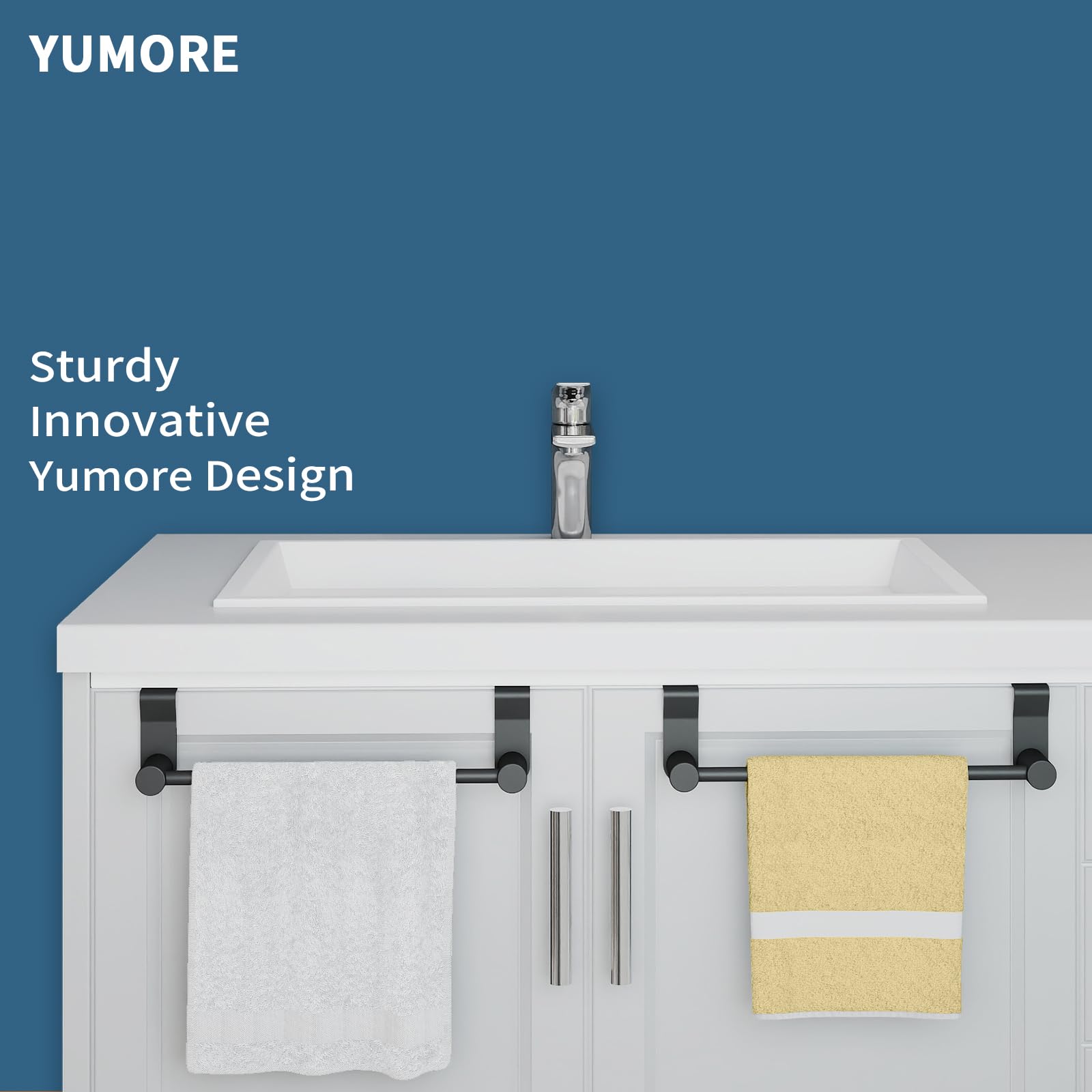 YUMORE Matte Black Over Door Towel Rack installation on cabinet, tool-free setup