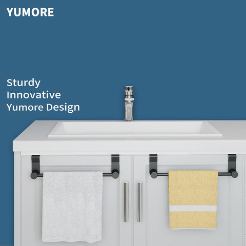 YUMORE Matte Black Over Door Towel Rack installation on cabinet, tool-free setup
