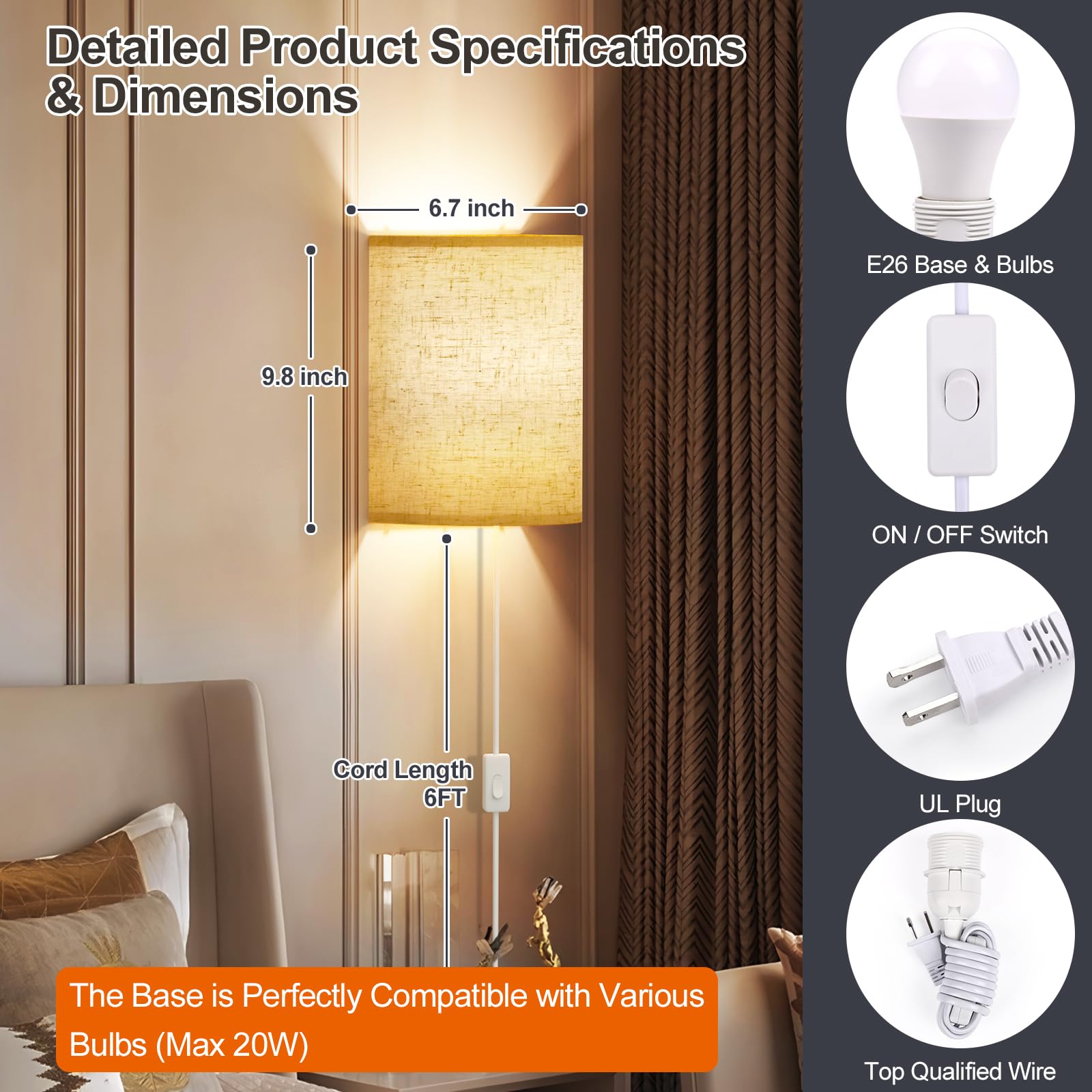 Yunaking linen shade sconce provides diffused glow with elegant decor