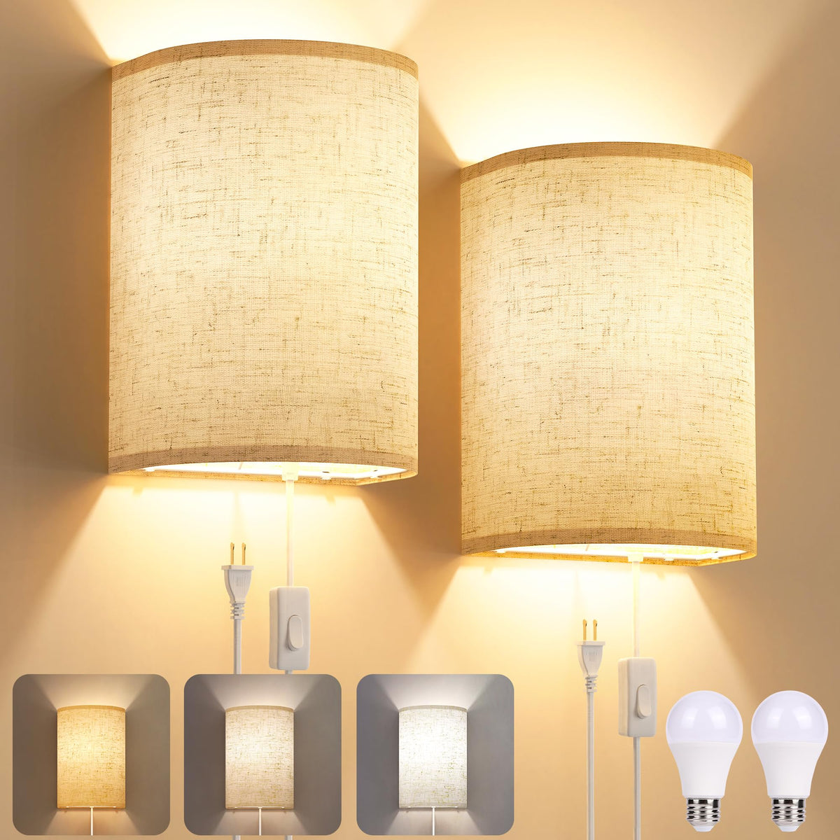 Yunaking plug-in wall sconce two-pack with linen shade for customizable home ambiance