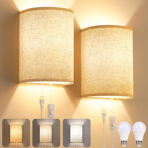 Yunaking plug-in wall sconce two-pack with linen shade for customizable home ambiance