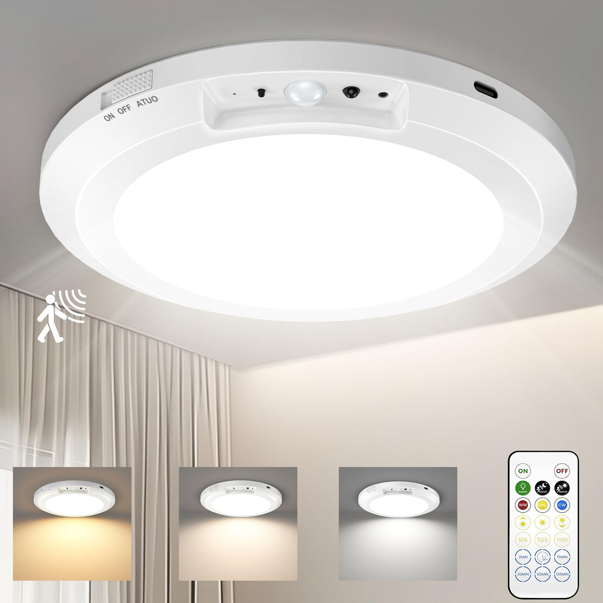 Yunaking rechargeable ceiling light with motion sensor illuminates a closet