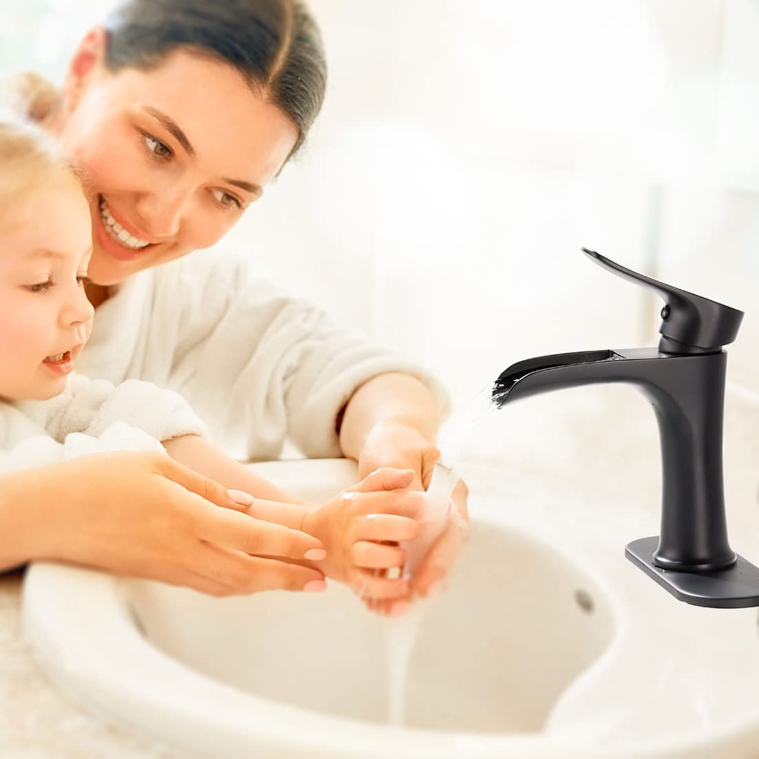 YUNDOOM matte black faucet spout delivering smooth waterfall flow