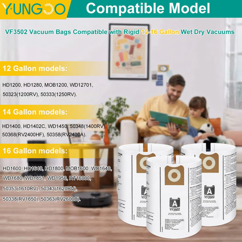 YUNGOO VF3502 16-gallon bag dimensions for extended use.