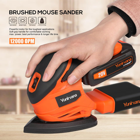 Yunirvana cordless detail sander side view with comfortable grip for extended use