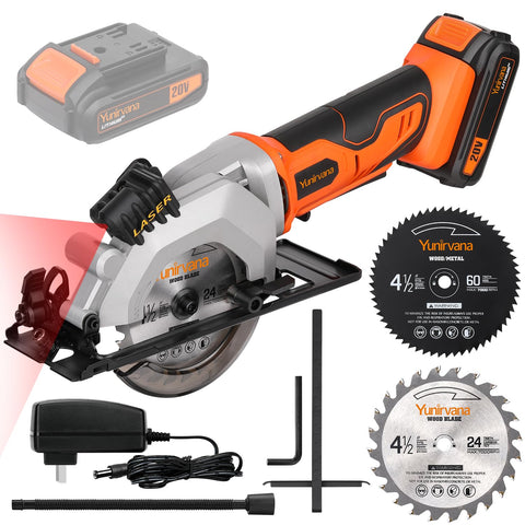 Yunirvana Mini Circular Saw showing bevel angle adjustment for framing projects.