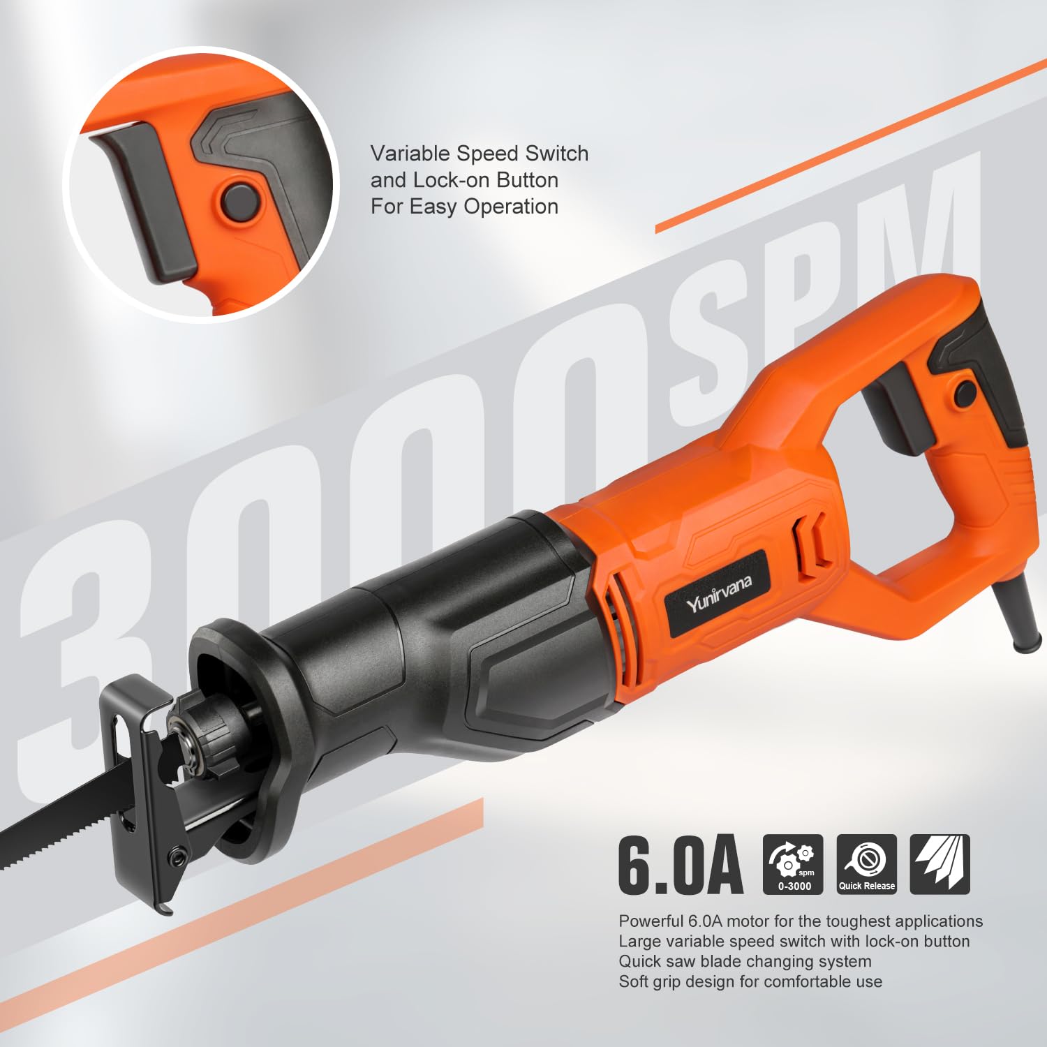 Yunirvana reciprocating saw ergonomic handle offers comfortable control.